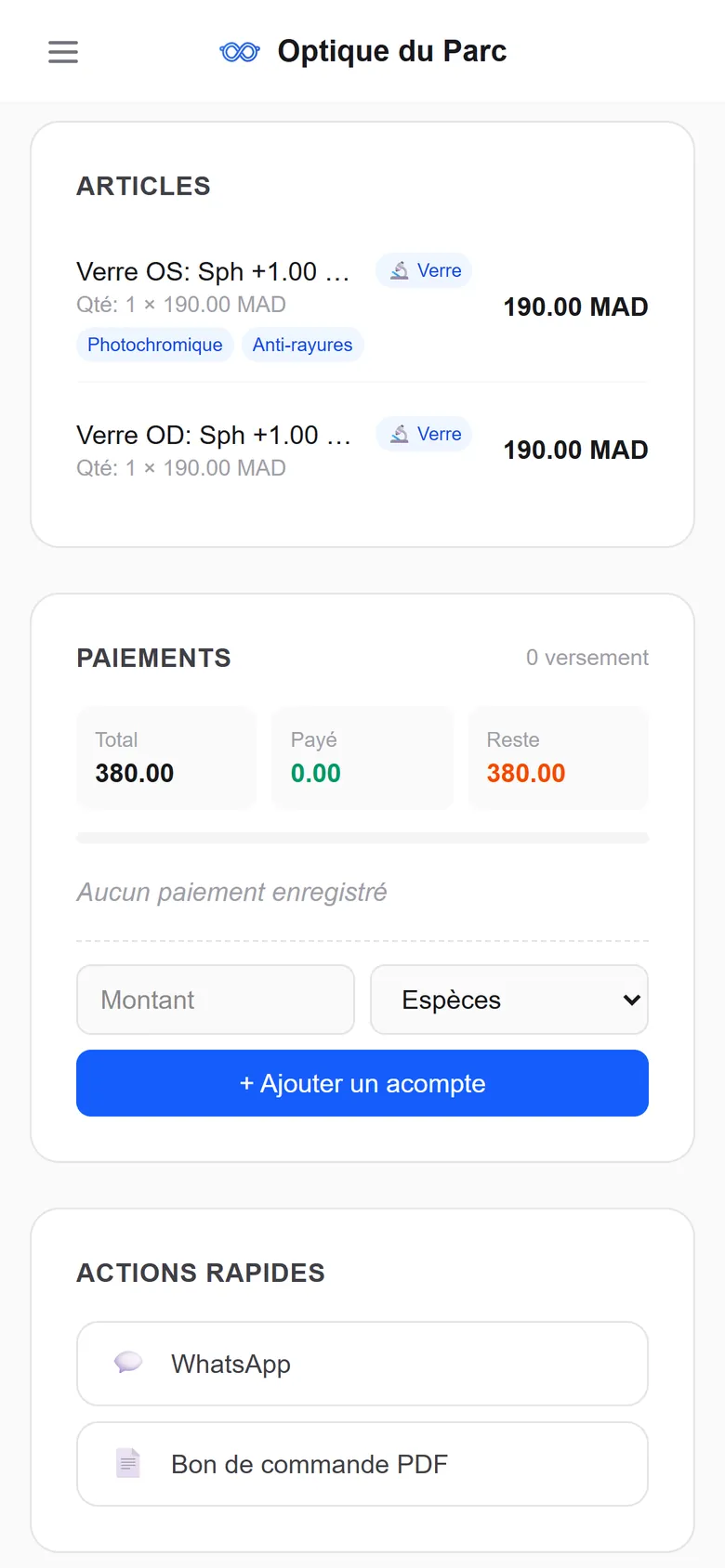 Commandes de verres — OptiCareApp